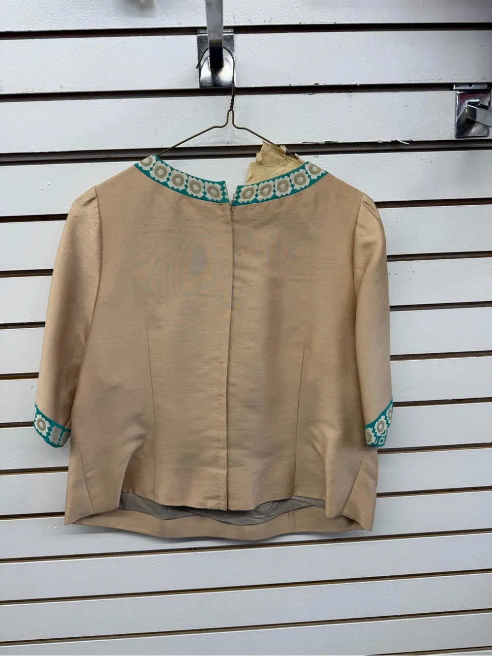Vintage Jacket & Blouse Set Turquoise Cream Geometric Open Front Women’s